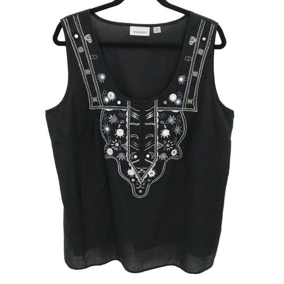 Avenue Womens Black White Embroidered Lightweight Scoop Neck Sleeveless 18/20 - Picture 1 of 7